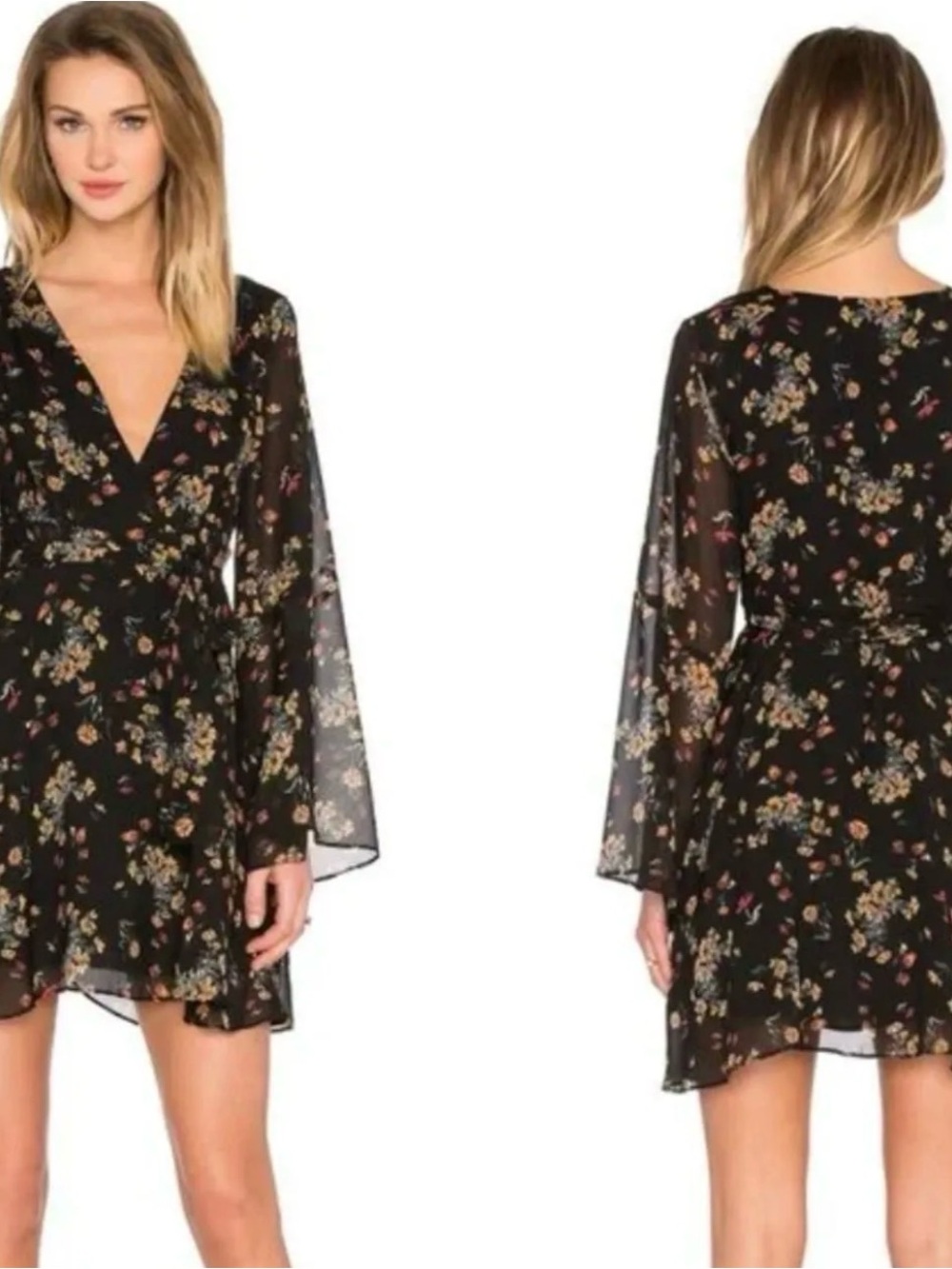 Free People Chiffon Lilou Dress – Black Floral Print – Size Large